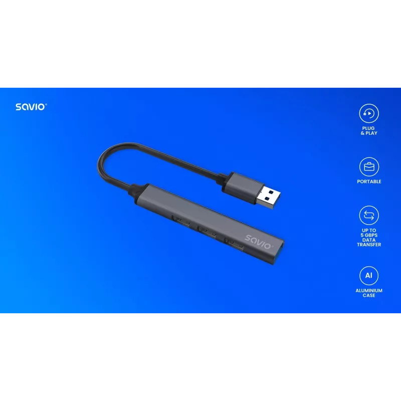 USB šakotuvas SAVIO AK-70, 7 prievadų USB 3.0, 4 naudojami prievadai, USB Type-A šeimininko jungtis, 5 Gbit/s perdavimo greitis, garantija 2 metai