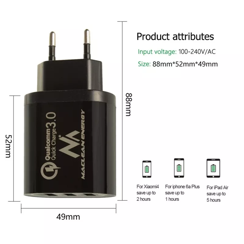 USB sieninis įkroviklis MACLEAN MCE479B – 3x USB prievadai, 18 W bendra galia, kompaktiškas