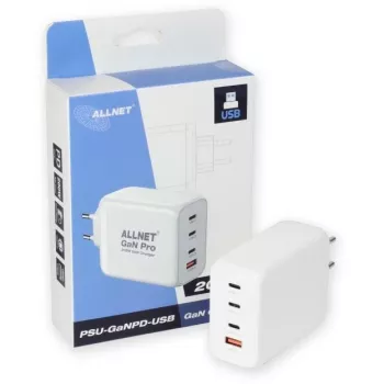 ALLNET PSU-GaNPD-USB-1A3C-200W — 200 W GaN USB įkroviklis, 1× USB-A, 3× USB-C