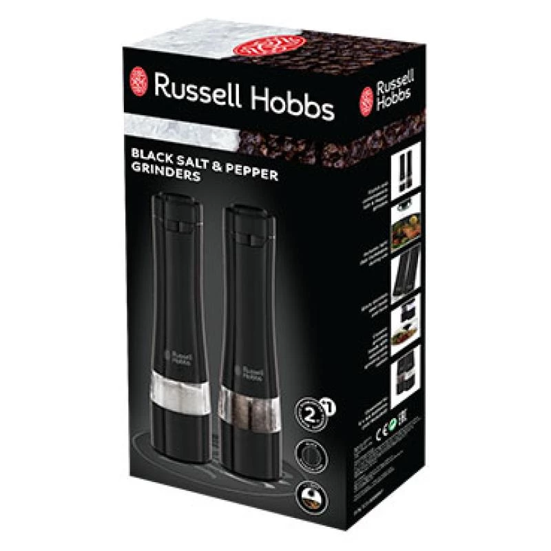 Russell Hobbs 28010-56 elektrinis druskos malūnėlių rinkinys (automatinis, reguliuojamas malimas, apšvietimas ant pagrindo, juodas metalinis dizainas) pipirų malūnėlis