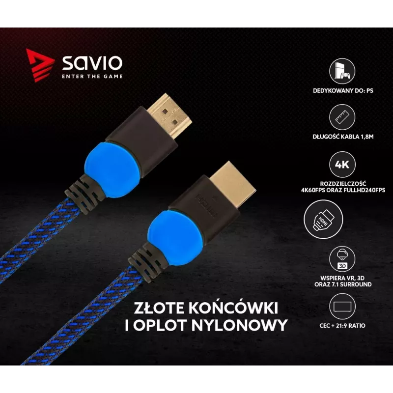 Savio GCL-02 HDMI kabelis 1,8 m HDMI A tipas (Standartinis) Juoda,Mėlyna