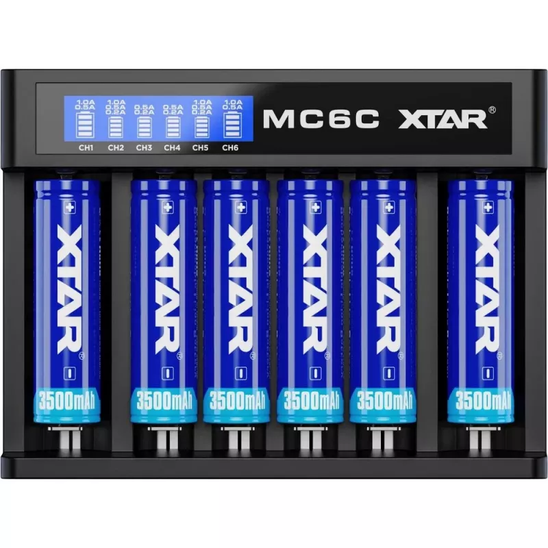 XTAR MC6C kroviklis šešių lizdų protingas cilindriniams Li‑jon akumuliatoriams, palaiko 18650/21700/AA, 5 V įėjimas, juodas
