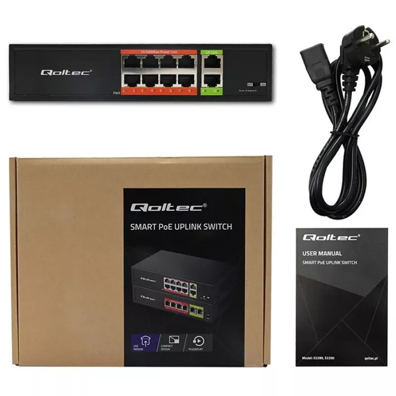 Tinklo jungiklis QOLTEC FAST Ethernet PoE 8xRJ45 su 2xRJ45 uplink (52290)