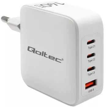 Kroviklis QOLTEC 51828 140W GaN 3×USB‑C PD + 1×USB‑A QC 3.0 – kelių prievadų greitasis kroviklis