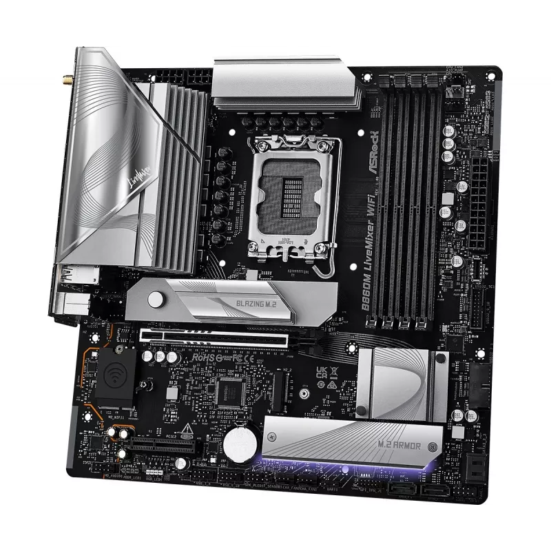 Motininė plokštė ASRock B860M LiveMixer WiFi – Intel B860, LGA 1851, micro ATX, DDR5, 4x DIMM, Wi‑Fi 6E, 2.5Gb LAN