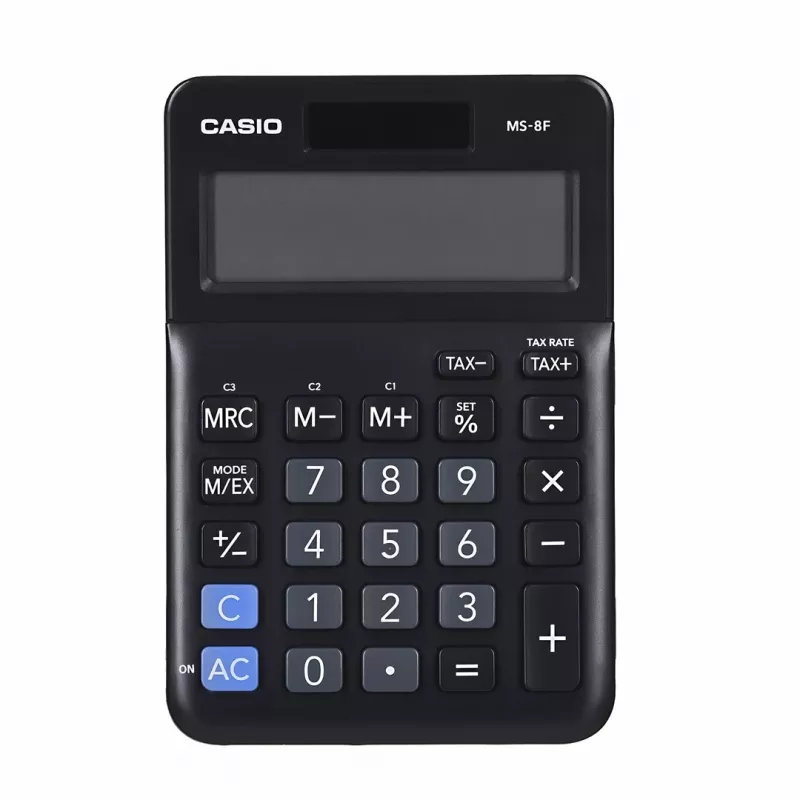 Stalinis skaičiuotuvas CASIO MS-8F – 8 skaitmenų, saulės/baterijos, 26 klavišai, valiutos ir mokesčių funkcijos, pelno skaičiavimas, juodas