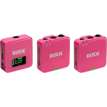 Belaidis mikrofonas RODE Wireless GO III Pink – kompaktiška dviejų kanalų siųstuvų ir imtuvo sistema