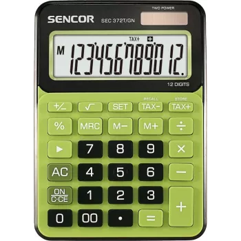 Stalinis skaičiuotuvas SENCOR SEC 372GN 12 skaitmenų LCD, pagrindinės aritmetinės funkcijos, saulės ir baterijos maitinimas