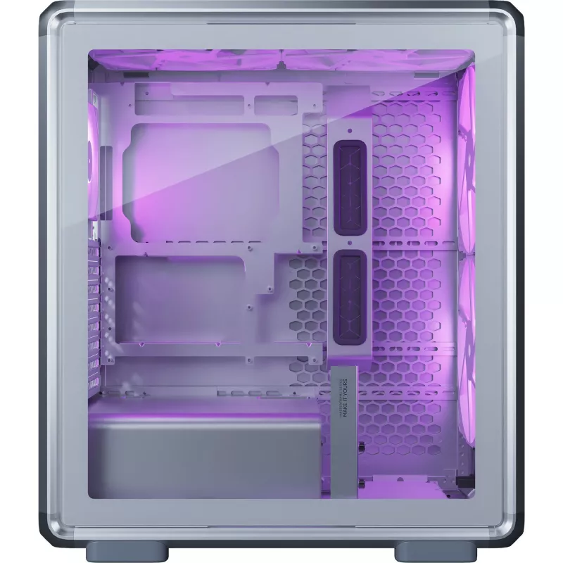 Korpusas PC Cooler Master MasterFrame 500 Mesh — Juodas su permatomu šonu, ATX maitinimo šaltinis, 2×200mm priekyje + 1×120mm gale, 2.5 colio/3.5 colio diskams