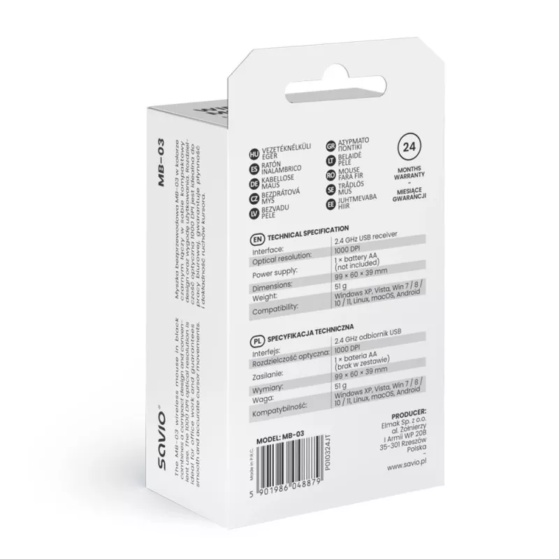 Belaidė pelė SAVIO MB-03, Bluetooth sąsaja, 1000 DPI, baterija AA, 99×60×39 mm, 51 g, imtuvas komplekte
