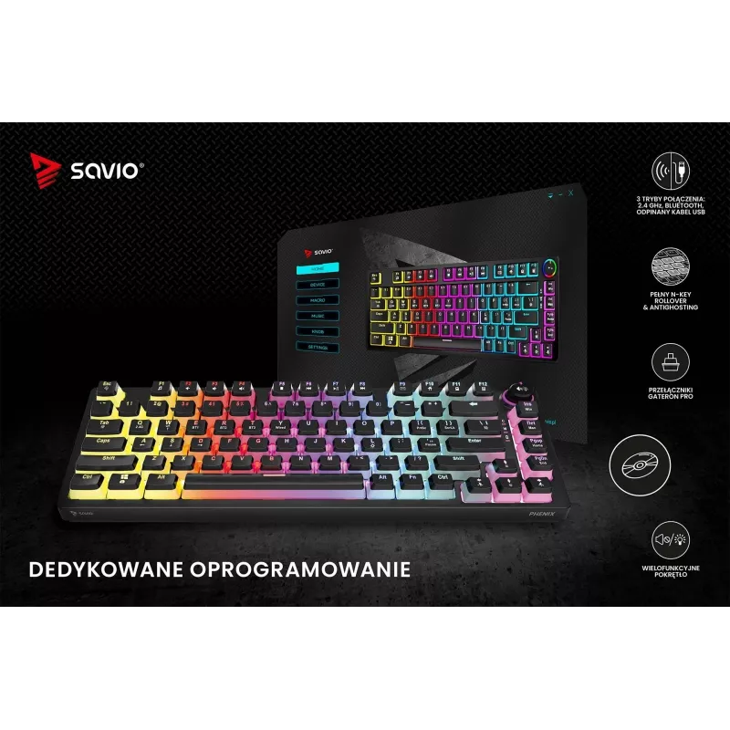 Belaidė mechaninė klaviatūra Savio SAVGK-PHENIX YELLOW PUDDING, Gateron Yellow Pro, 75 %, geltona, USB