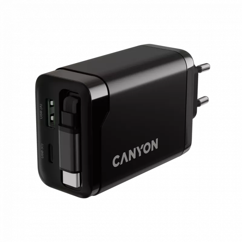 Įkroviklis CANYON OnCharge 65RC su integruotu USB-C laidu, 65W, 1x PD, 1x QC, EU kištukas, Juodas