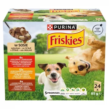 Šlapias šunų ėdalas multipack Purina Nestlé Friskies Adult Jautiena, Vištiena ir Ėriena 24 x 85 g, pilnavertis pašaras, 82,5% drėgmės