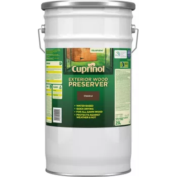Cuprinol Exterior Wood Preserver (BP) – vandens pagrindo medienos apsauginis impregnantas – 25 l – Kaštonas – 6 m²/L – 2 h – 6 h (5095364)
