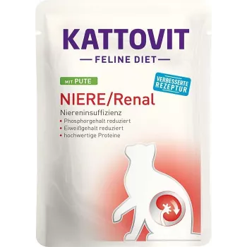 Šlapias kačių ėdalas KATTOVIT Niere/Renal 85 g paketėlis — 12 x 85 g, paukštiena (jautiena, vištiena, antis, kalakutiena) suaugusioms katėms, sergančioms inkstų nepakankamumu