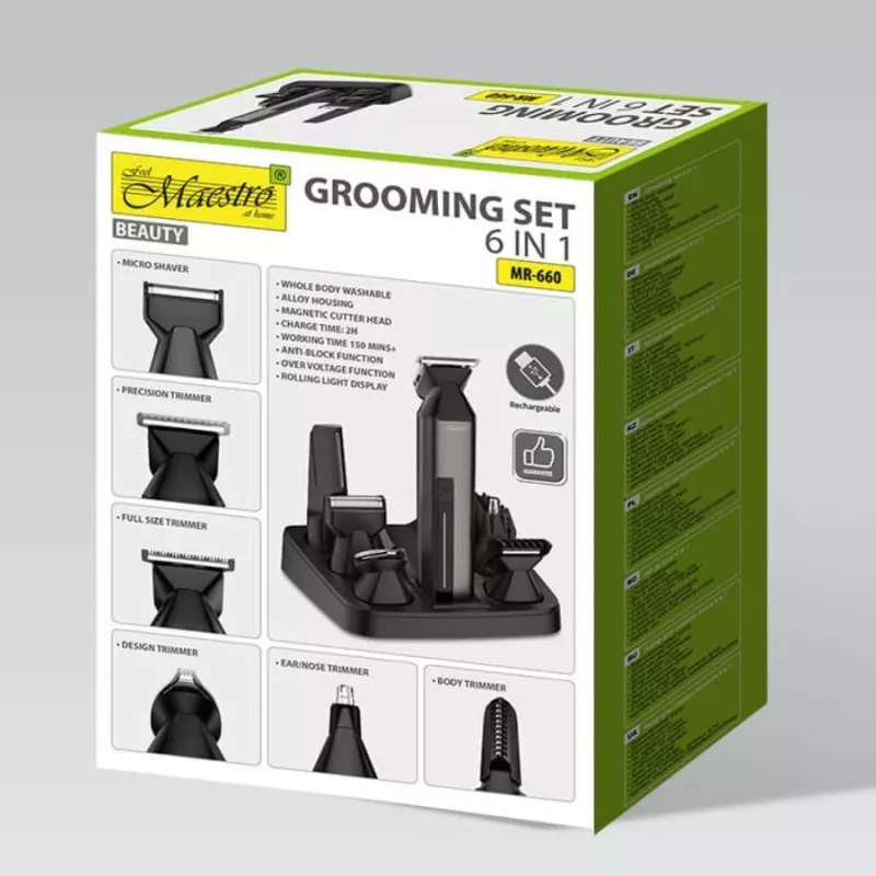 Plaukų kirpimo mašinėlių rinkinys Maestro MR-660 6 viename, įkraunamas per USB, reguliuojamais peiliukais