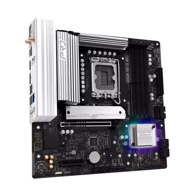 Motininė plokštė ASRock B860M Pro RS WiFi — Intel B860, LGA 1851, micro ATX, DDR5, 4 DIMM, 3x M.2, 2,5Gb LAN, Wi-Fi, Bluetooth