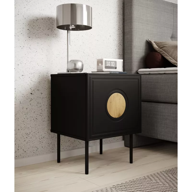 Komplektas naktinių staliukų 2 vnt. cama meble PALAZZO 44,5×40×59 cm juodos spalvos su ąžuolo craft akcentais — 1 durelė, matinis laminatas, metalinės kojos