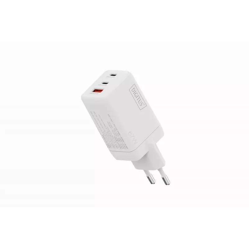 Sieninis įkroviklis DIGITUS DA-10303 67W GaN, 2× USB-C + 1× USB-A, 100–240 V, baltas