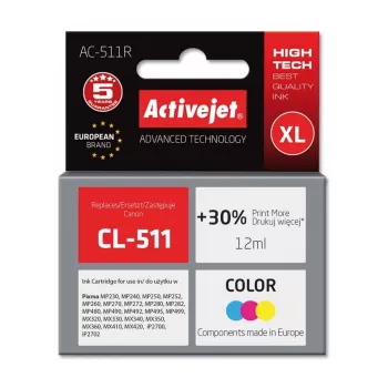 Kasetė ActiveJet AC-511R suderinama su Canon CL-511, dažų CMY, didelės talpos (XL) 12 ml, vienetinis