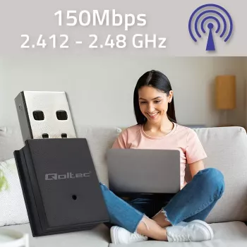 Belaidis Mini USB Wi-Fi adapteris QOLTEC 57007 – vienos juostos 2,4 GHz, iki 150 Mbps, vidinė antena