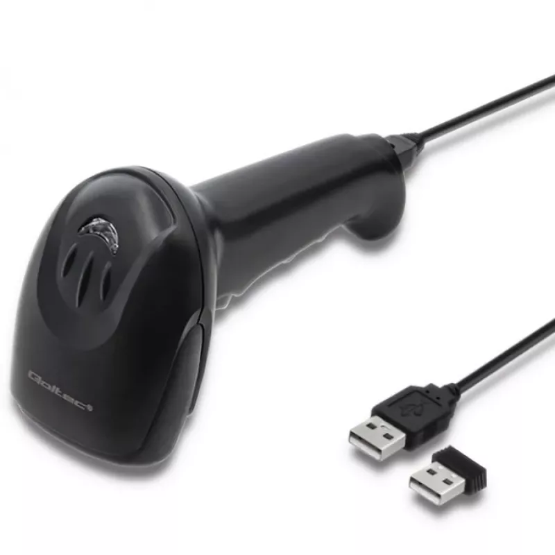 Nešiojamas brūkšninių kodų skaitytuvas QOLTEC 50868 – 1D/2D lazerinis skaitytuvas, USB laidinis ir belaidis, darbinis atstumas 600 mm, juodas