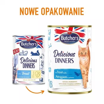 Šlapias kačių maistas Butcher's Pet Care Delicious Dinners 400 g — Upėtakio skonis, suaugusioms katėms, be konservantų, be glitimo