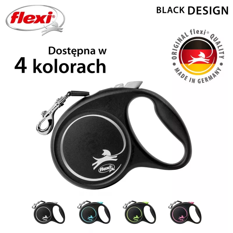 Flexi Black Design M šunų pavadėlis su automatiniu vyniojimu, 5 m juostelė, iki 25 kg