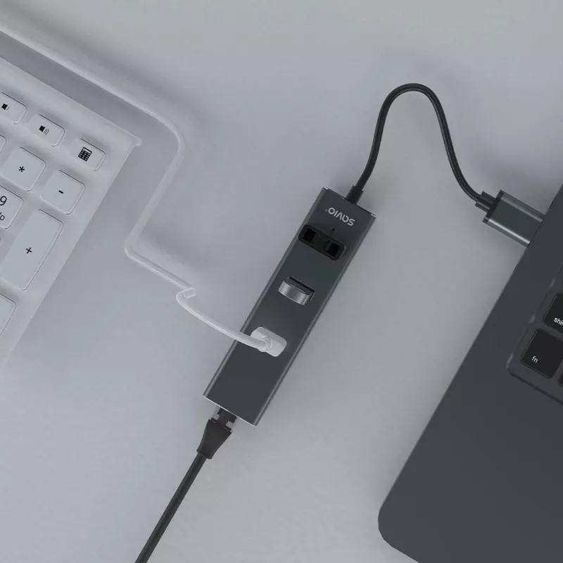SAVIO USB-A šakotuvas su RJ-45 Gigabit Ethernet AK-57 — 3× USB-A + RJ-45, USB 3.2 Gen 1 Micro‑B prijungimas, 5 Gbit/s, 4 prievadai, pilka