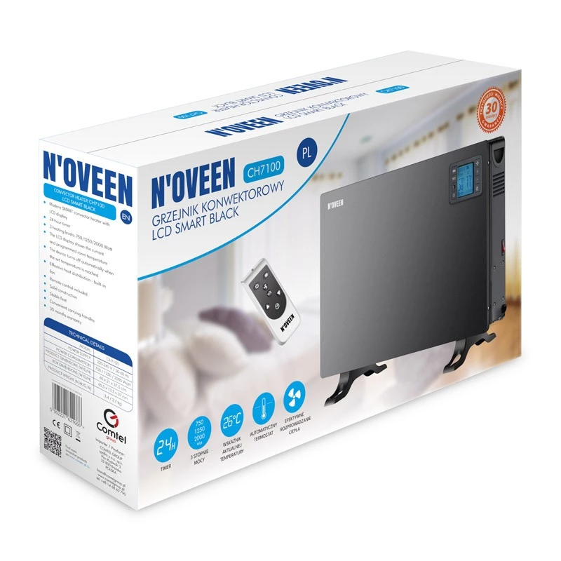 Elektrinis konvektorinis šildytuvas NOVEEN CH7100 — 2000 W, 3 galios lygiai, LCD, laikmatis, nuotolinis valdymas, juodas