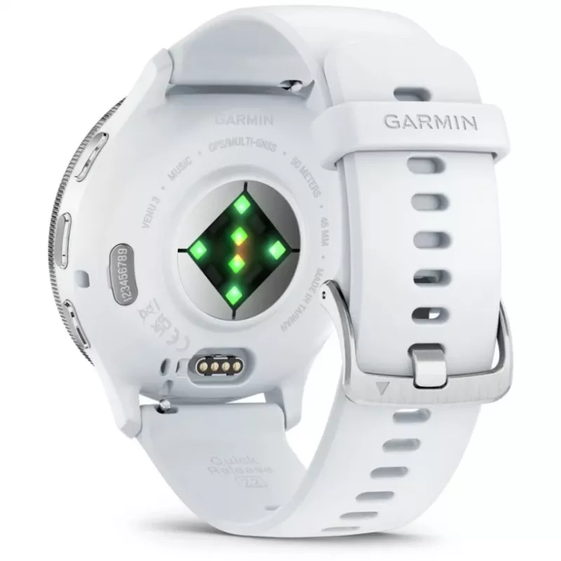 Išmanusis laikrodis GARMIN Venu 3 — 1,4 colių AMOLED, 45 mm korpusas, GPS, Wi‑Fi, 8 GB, sidabrinis/baltas, silikoninis dirželis
