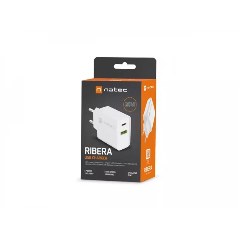 Patalpų kintamosios srovės greitasis įkroviklis NATEC RIBERA 12V 20W USB-C PD 3.0 + USB-A Samsung AFC Baltas