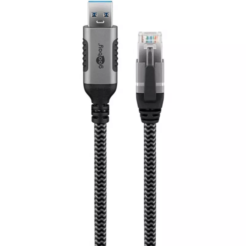 Etherneto kabelis USB-A 3.2 Gen1 kištukas > RJ-45 kištukas, LAN adapteris juodas/sidabrinis, 2 m, pintas tekstilinis apvalkalas