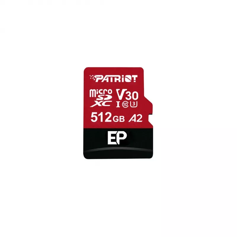 PATRIOT 512GB MicroSDXC atminties kortelė V30 U3 Class 10, skaitymas 90 MB/s, rašymas 80 MB/s, su rašymo apsaugos jungikliu