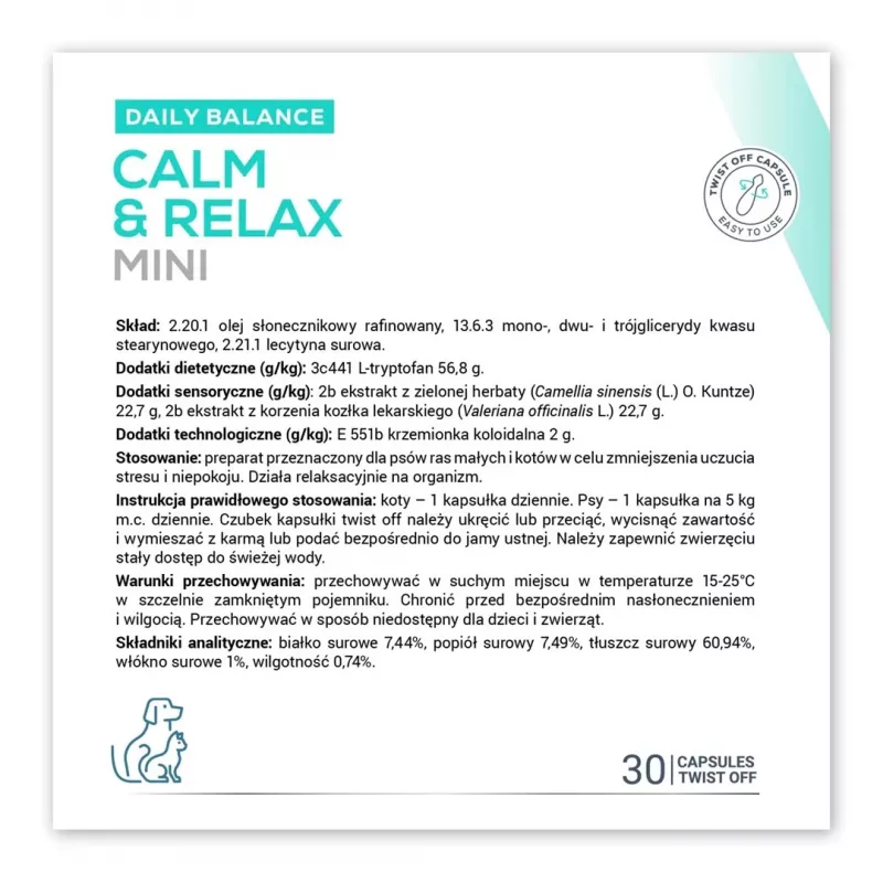 Raminamasis papildas VETEXPERT Calm&Relax Mini — 30 kapsulių mažiems šunims ir katėms, 100 g, be cukraus, be glitimo