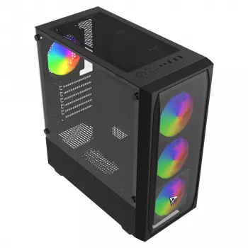 PC korpusas SAVIO Noctis Flow RGB — Cube, ATX/Mini-ITX, 3x 120 mm priekiniai ventiliatoriai, grūdintas stiklas šone, maks. GPU 35 cm