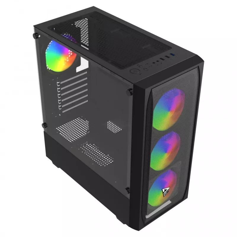 PC korpusas SAVIO Noctis Flow RGB — Cube, ATX/Mini-ITX, 3x 120 mm priekiniai ventiliatoriai, grūdintas stiklas šone, maks. GPU 35 cm