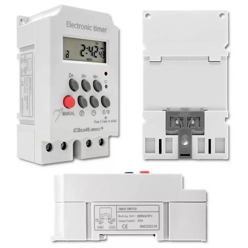 Elektroninis laikmatis DIN bėgiui QOLTEC PC0629 — 24V maitinimas, 16A išėjimas