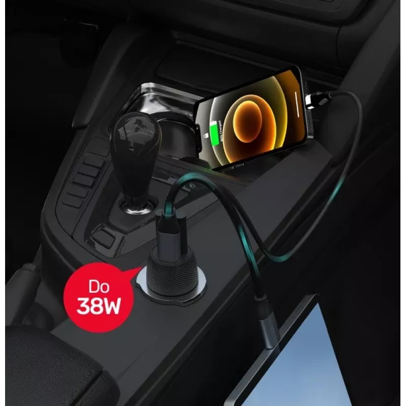 Automobilinis kroviklis Unitek P1400A su USB-C ir USB-A, 38 W, Quick Charge 3.0, įėjimas 12–24 V, juodas