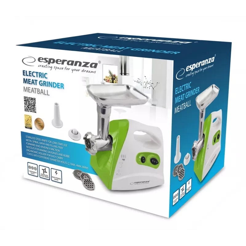 Mėsmalė ESPERANZA EKM012G — 600 W, nerūdijančio plieno peilis, dešrų antgalis, kebabo antgalis, reversas, neslystančios kojelės, balta/žalia