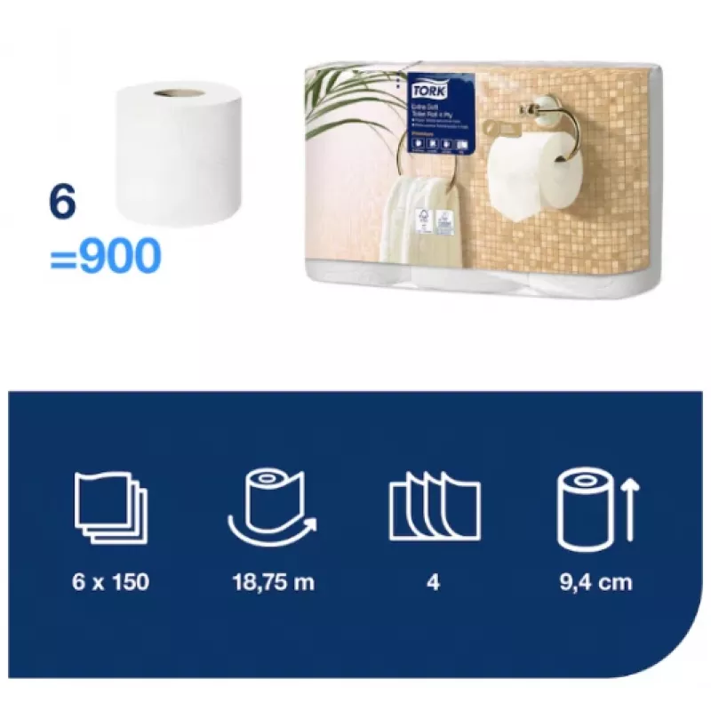 Tualetinis popierius Tork Premium Extra Soft Conventional T4 — 4 sluoksnių ritinėliai 9,7 cm x 19,1 m, pakuotė po 6 vnt.
