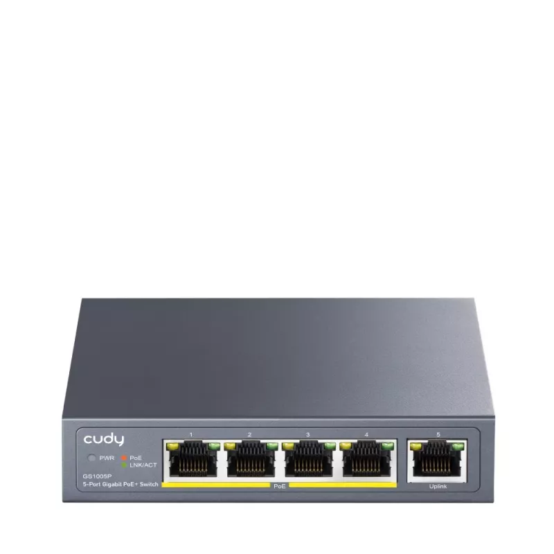 Cudy GS1005P tinklo jungiklis – 5 prievadų Gigabit Ethernet su 4 PoE prievadais, 60 W, metalinis korpusas, montuojamas į stelažą