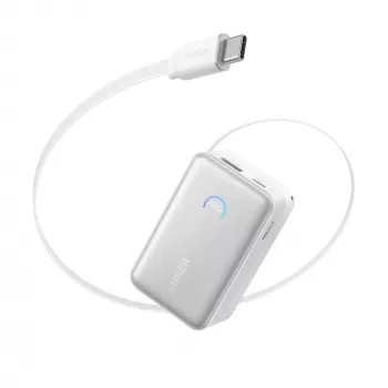 Power bank Anker A1638 10000 mAh, 45 W bendra galia, baltas, su įmontuotu ištraukiamu USB-C laidu
