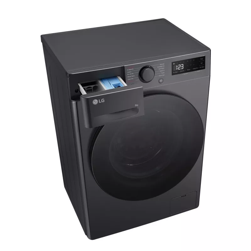 Skalbimo mašina LG F2WR508S2M – priekinė pakrova, 8 kg, 1200 aps./min., A energijos klasė, 60×48 cm, LED, vidurio juoda