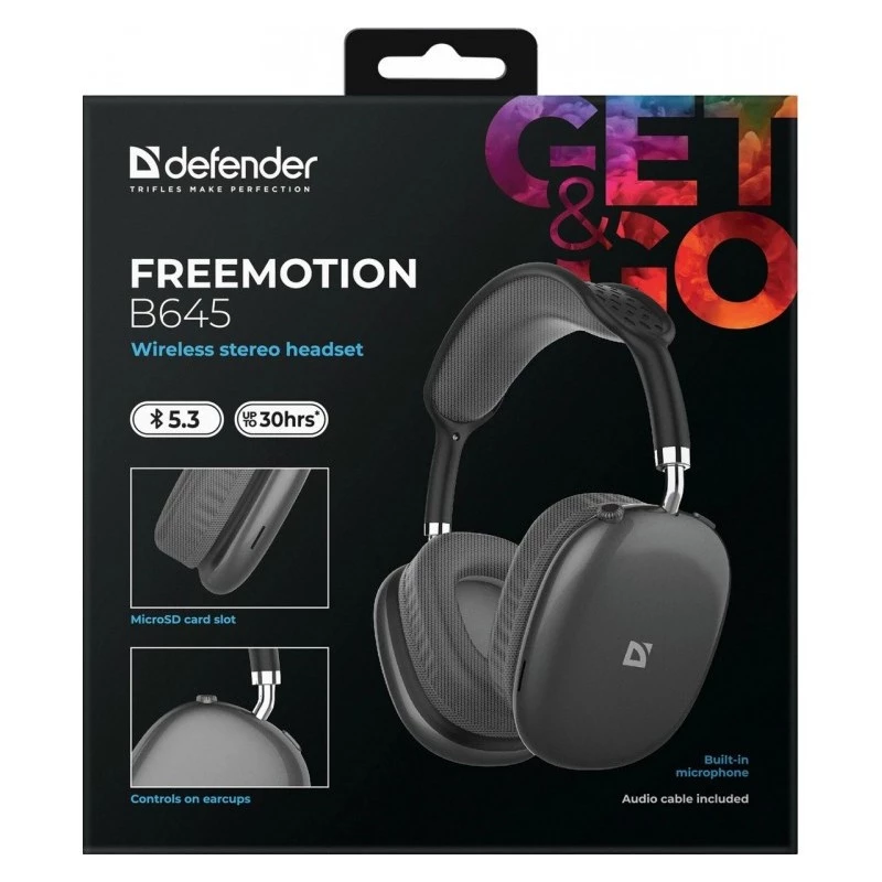 Defender FreeMotion B645 belaidės ausinės uždedamos ant ausų, Bluetooth 5.3, USB-C, 3,5 mm lizdas, integruotas mikrofonas, 20–20000 Hz, 105 dB, juodos