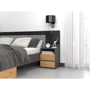 Naktinis stalelis Top e Shop M1 ANTRACYT/ARTISAN, ąžuolas, 2 stalčiai, 400×320×590 mm