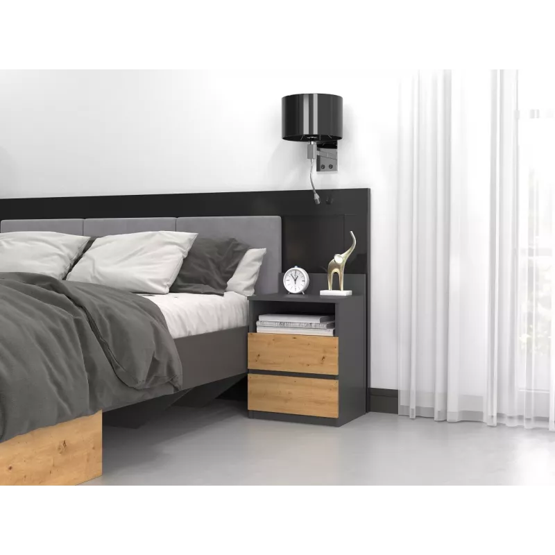 Naktinis stalelis Top e Shop M1 ANTRACYT/ARTISAN, ąžuolas, 2 stalčiai, 400×320×590 mm