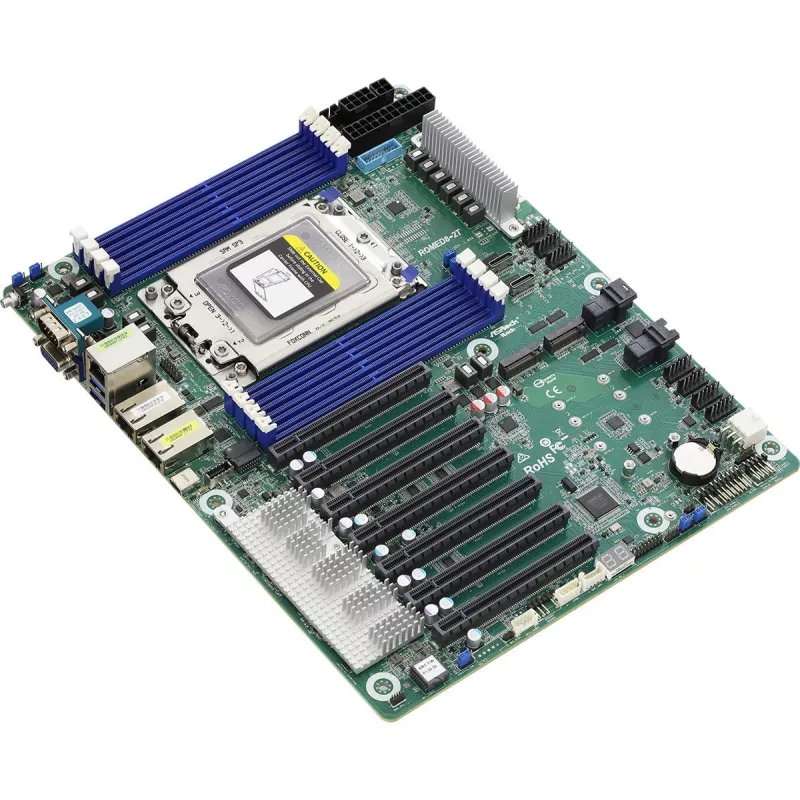 Motininė plokštė ASRock ROMED8-2T ATX, skirta AMD EPYC LGA 4094, 8× DDR4 DIMM, aštuonių kanalų, 2× M.2, 8× SATA III, 10GbE, 3× RJ-45