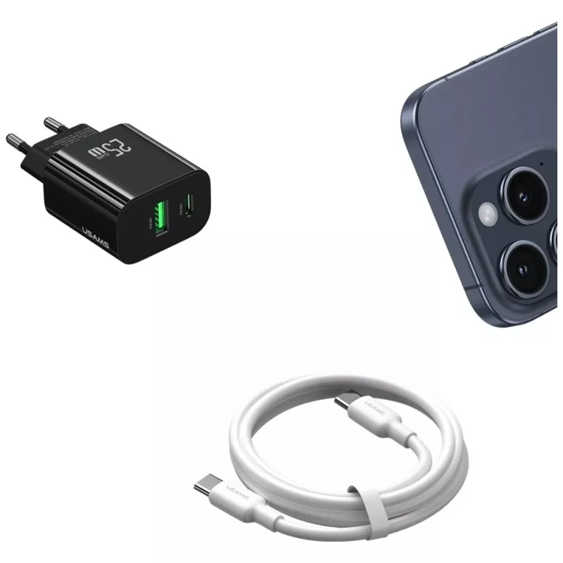 USB-C ir USB-A sieninis įkroviklis USAMS USA001629 25W greitasis įkrovimas
