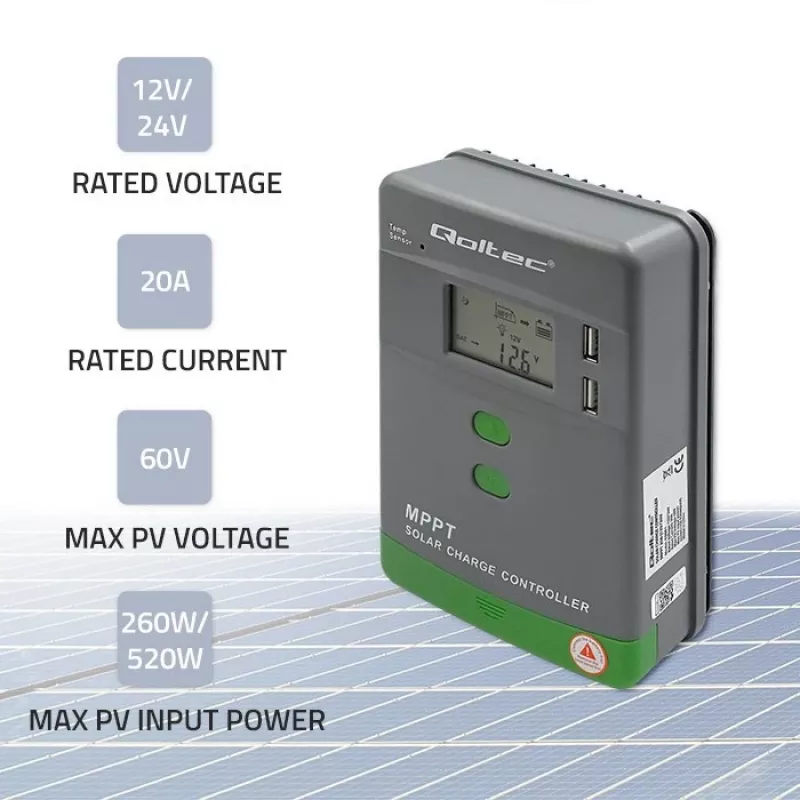 Qoltec MPPT saulės kolektorių valdiklis su temperatūros jutikliu 20A 12V/24V LCD ekranas 2xUSB